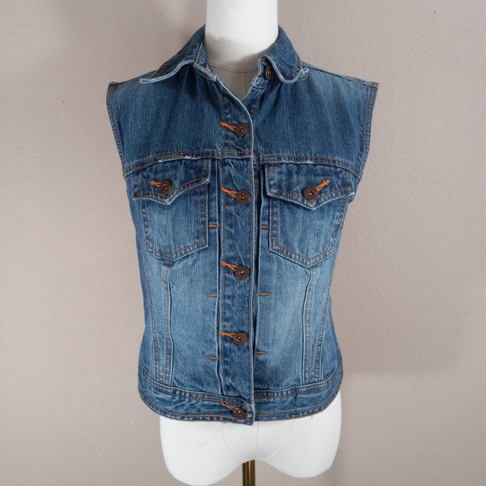 Stamp 10 Womens Blue Denim Vest Button Up Sleeveless Trucker Jacket Size 4